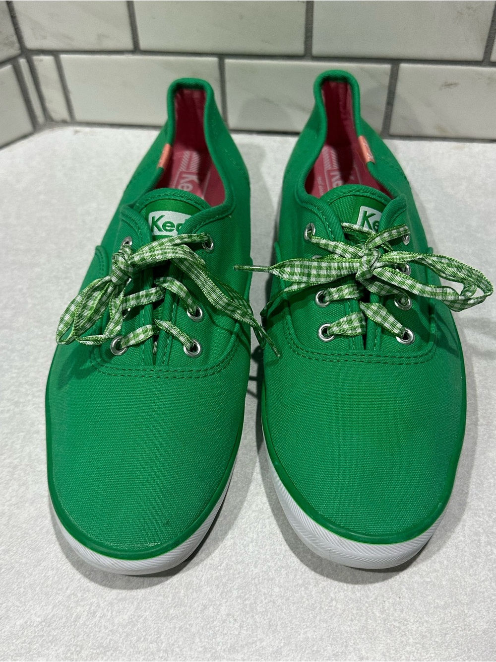Keds Champion Canvas Kelly Green Gingham Lace Up Sneakers Shoes Women's 8